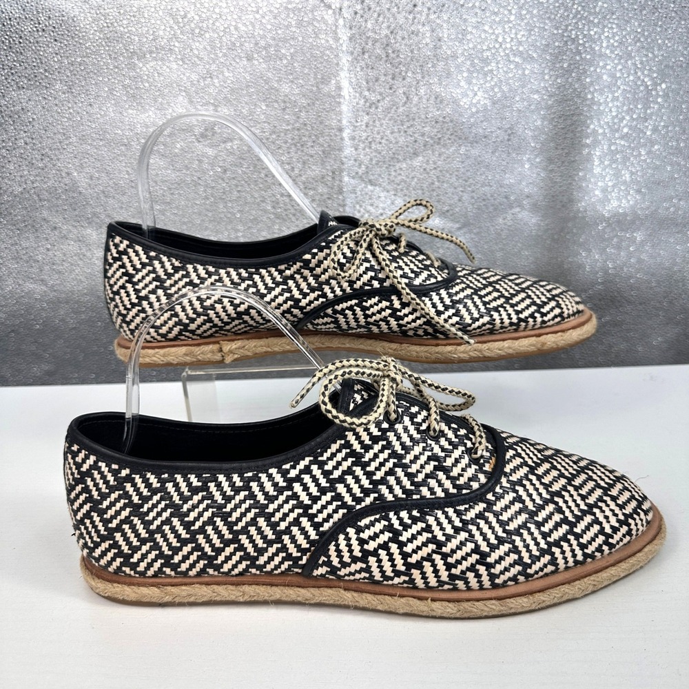 Loeffler Randall Kayla Black White Woven Lace-up Espadrille Loafers 10.5 Riviera
